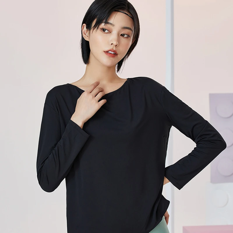 暴走的萝莉运动上衣女宽松显瘦休闲长袖跳操开叉健身服速干T恤