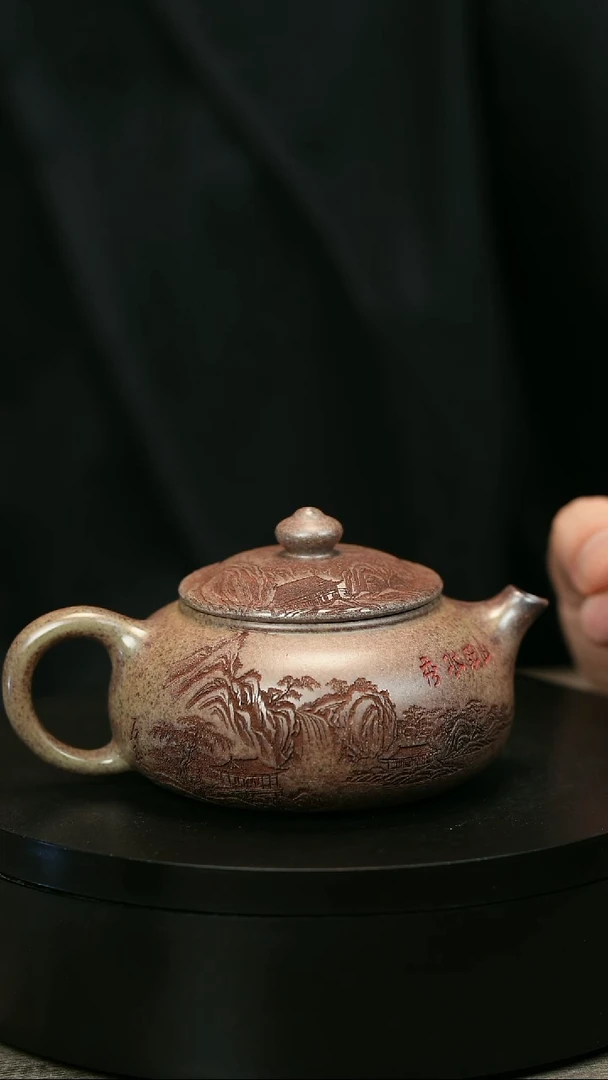 茶壶紫砂祝*H1983蒋静明柴烧刻绘寒江
