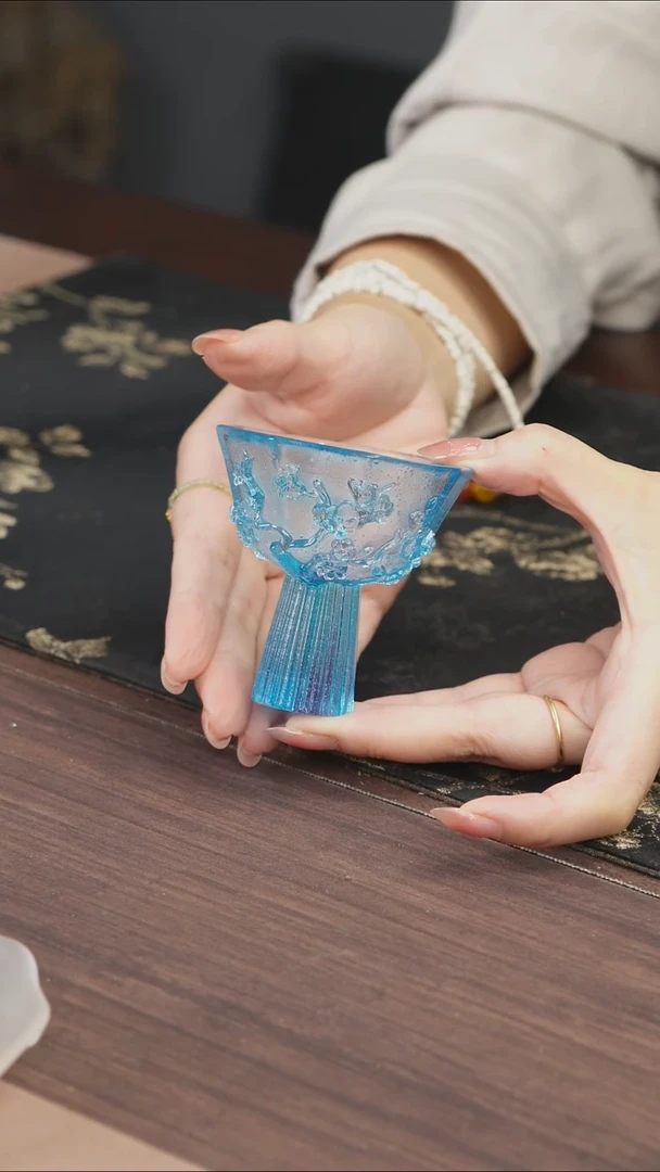 手工艺品琉璃蓝色梅花高足茶盏