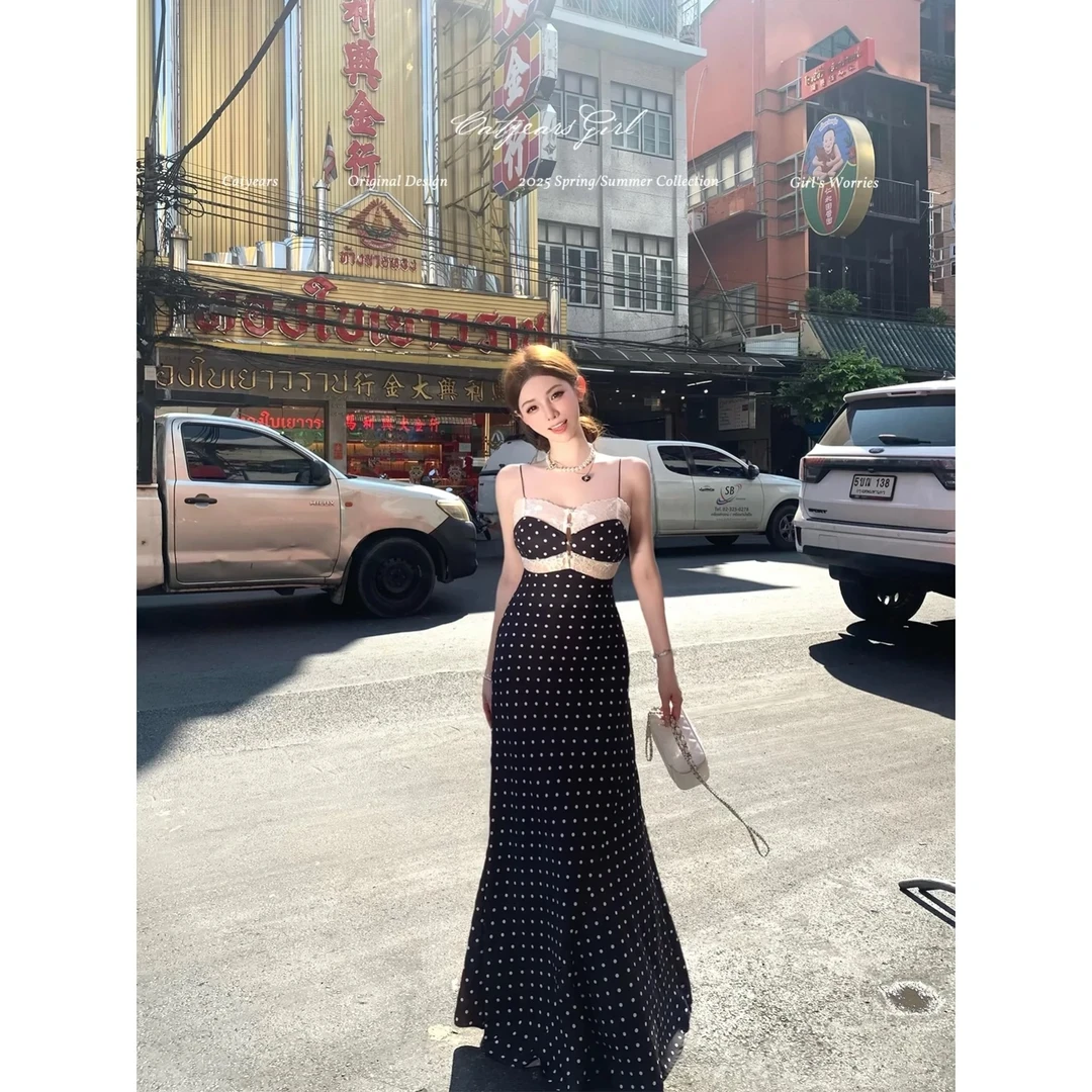【退运补6-8米】法式气质波点吊带连衣裙女夏季度假出游显瘦长裙子