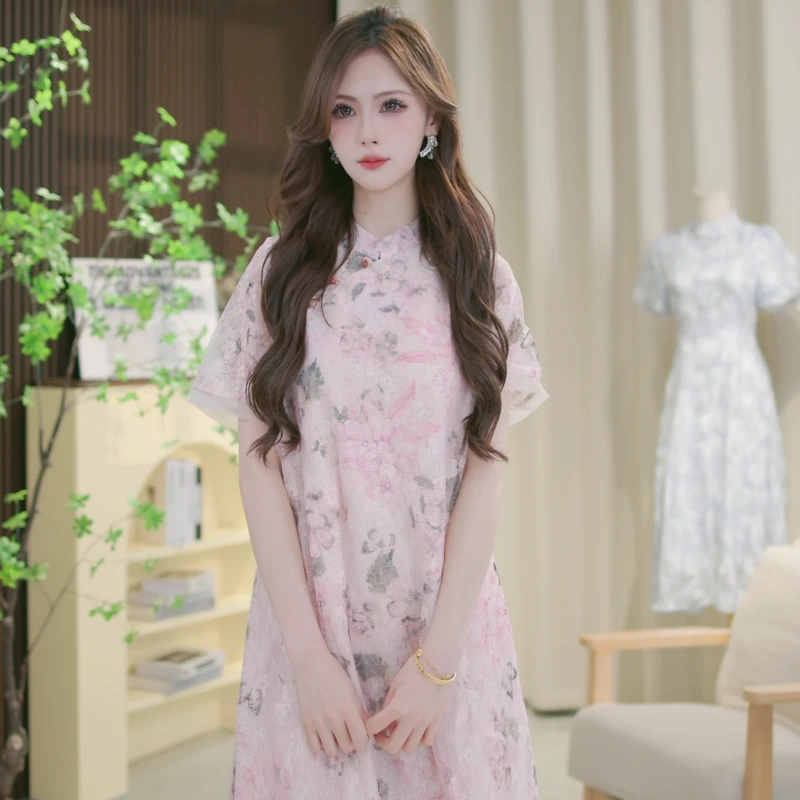 国风新中式改良旗袍连衣裙级碎花立领气质仙女裙