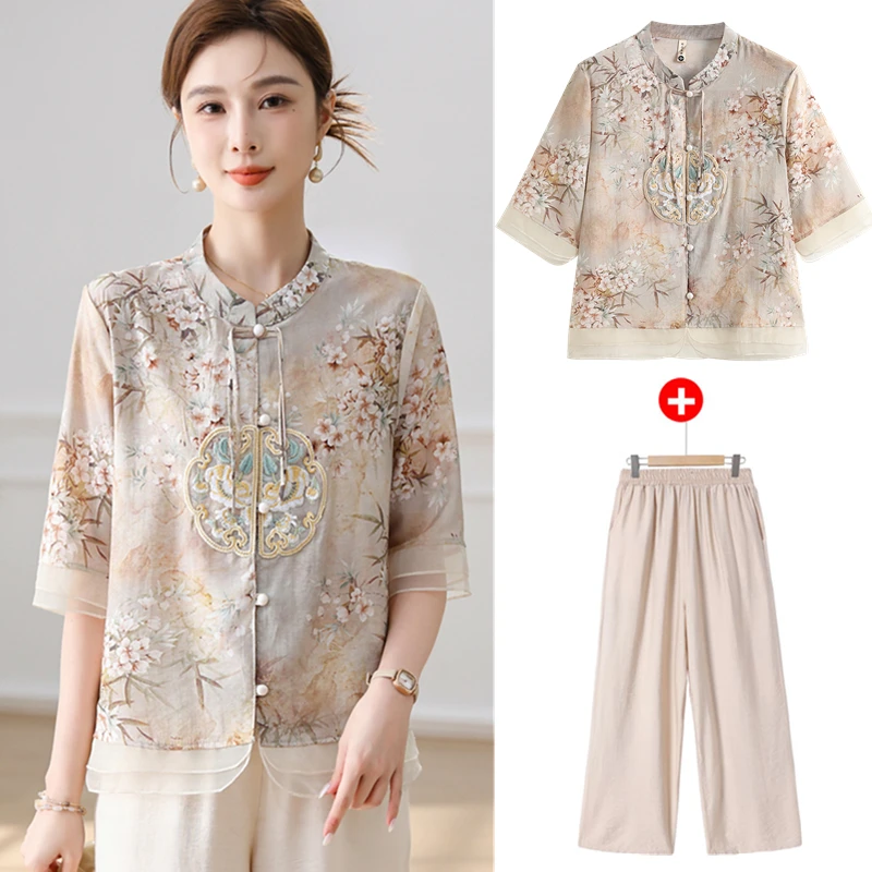 母亲节新中式妈妈夏装短袖T恤套装女衬衫国风中老年九分裤两件套