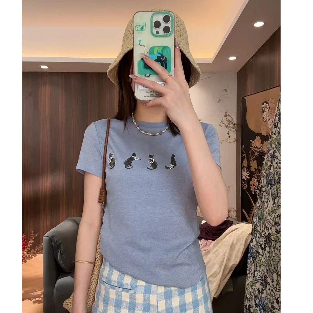 【LIbaibai】春夏2025年新款刺绣猫咪短袖T恤上衣BB-1600清