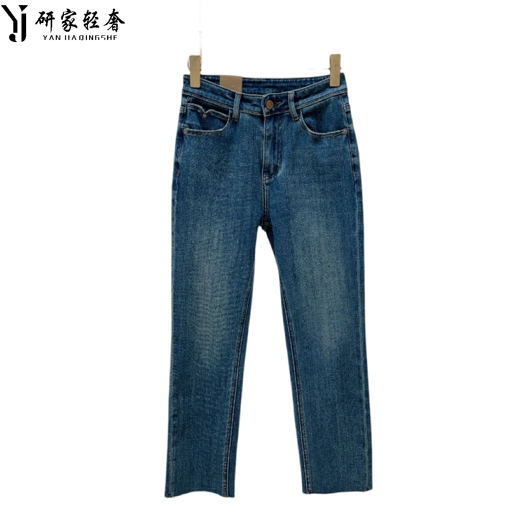 5719研家轻奢弹力复古毛边蓝色直筒九分牛仔裤（K820）