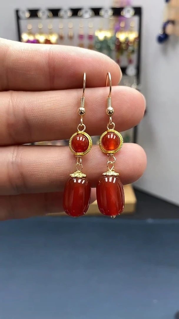 【闪购商品】南红玛瑙耳饰银S925镀金镶嵌桶珠00