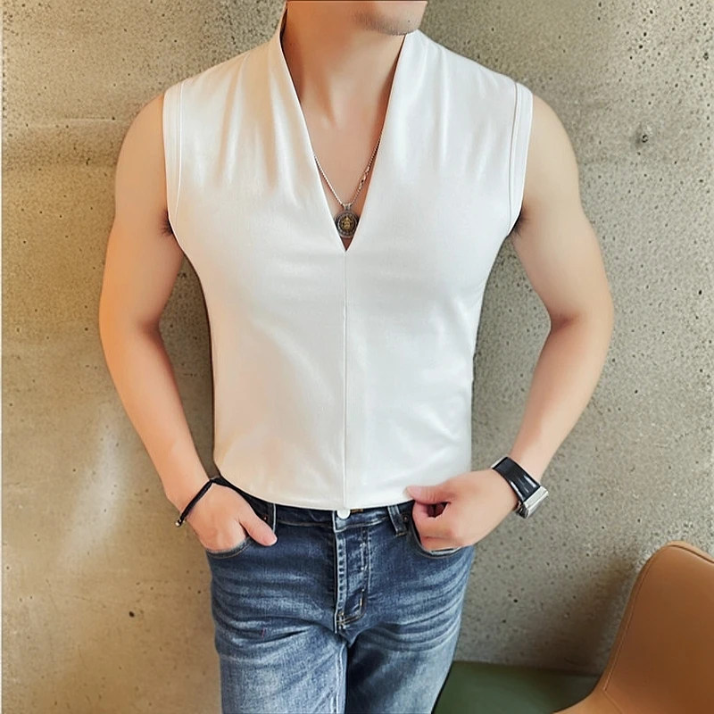 高级感男士纯色坎肩背心2025夏季新款潮流痞帅宽松无袖v领t恤上衣