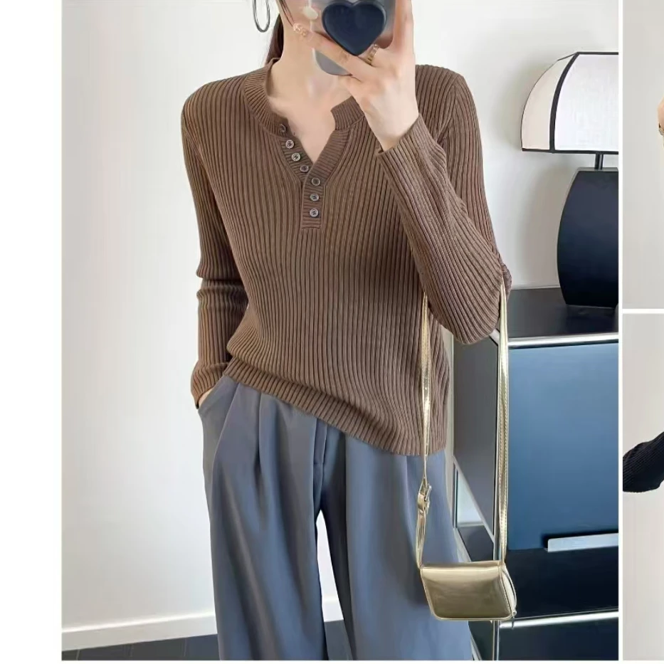 【咖色V领百搭爆品春款系列长袖】春秋款纯色百搭休闲时尚针织长袖