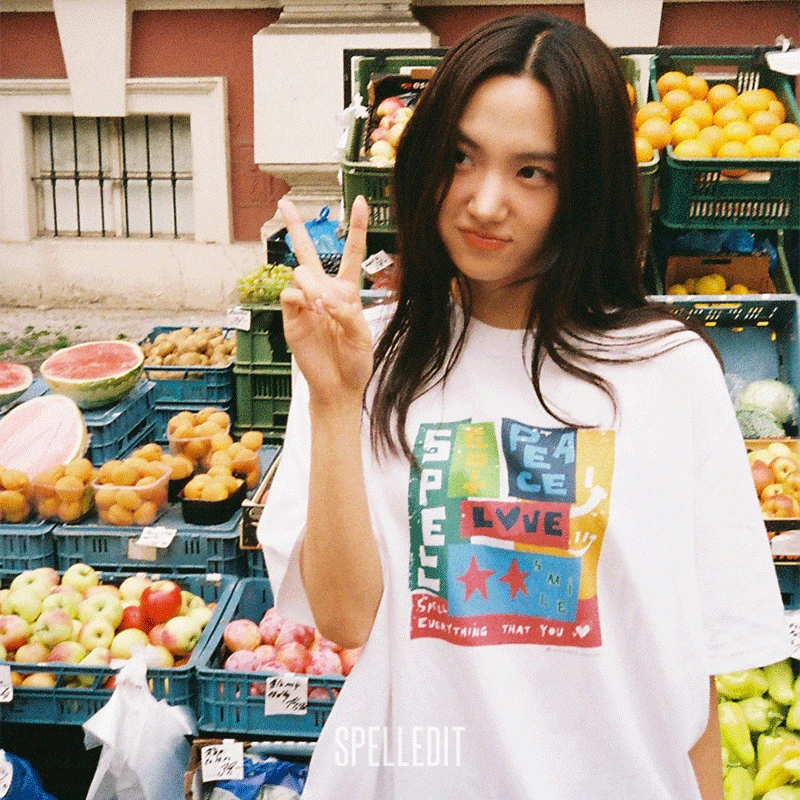 SPELLEDIT2025冬季新品彩色拼块T恤韩系潮牌宽松纯棉短袖上衣女