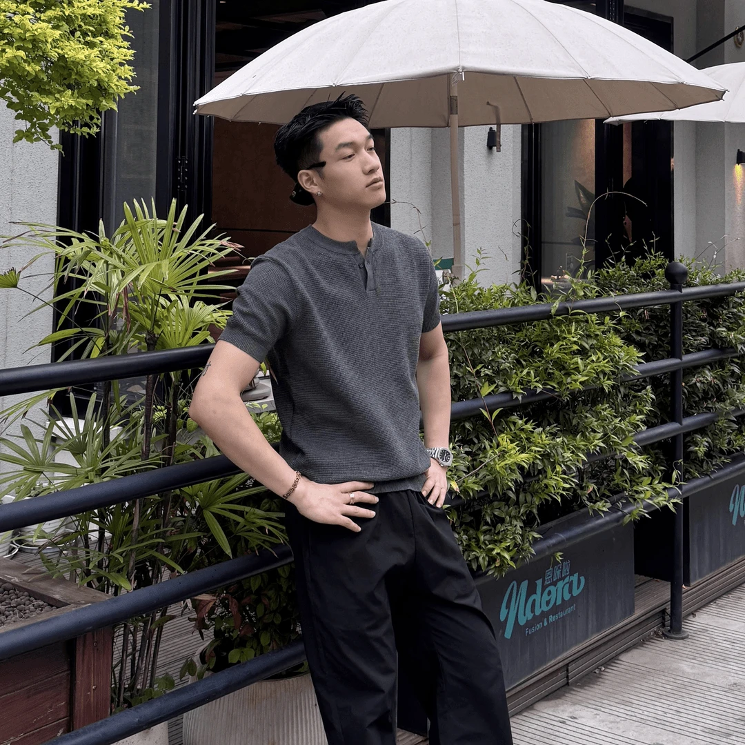 美式硬汉风重磅亨利领高级菠萝纹简约短袖针织纯色T恤男士夏委潮