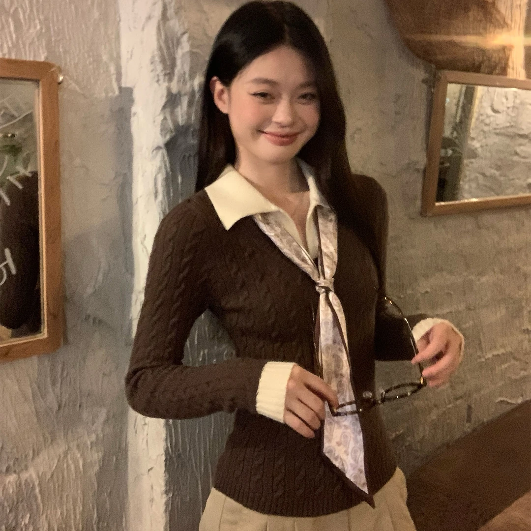 宋正恩咖色Polo领假两件针织衫女冬季衣内搭修身短款长袖小上衣