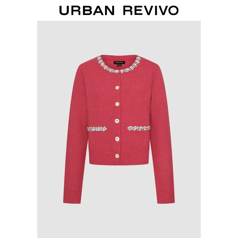 UR2025秋季新款女装魅力氛围感水钻饰圆领针织开衫UWG950040