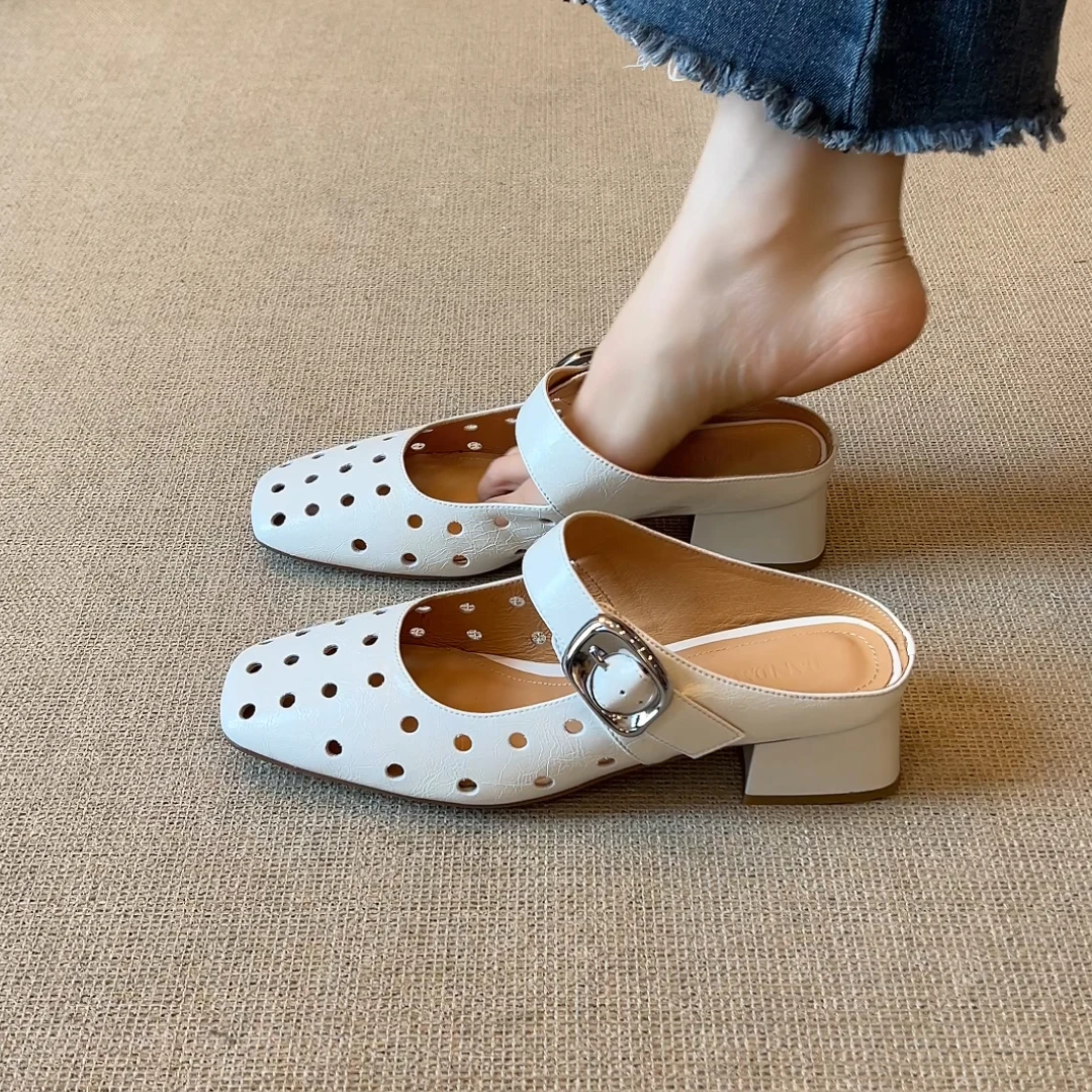 Elingjk/3.5cm舒适百搭方头洞洞鞋复古浅口一字带包头半拖鞋