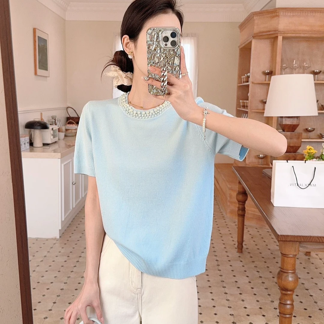 2025春夏重工钉珠小香风圆领冰爽丝针织短袖女气质宽松T恤G6018