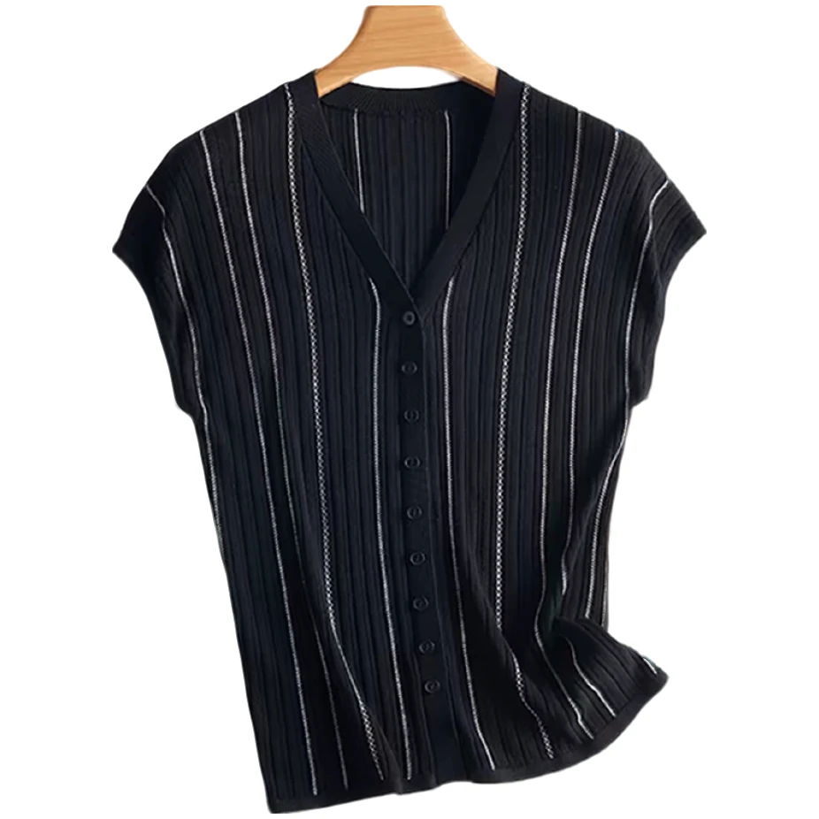 【女装1】夏季宽松竖纹上衣条纹女毛针织衫开衫针织衫v领