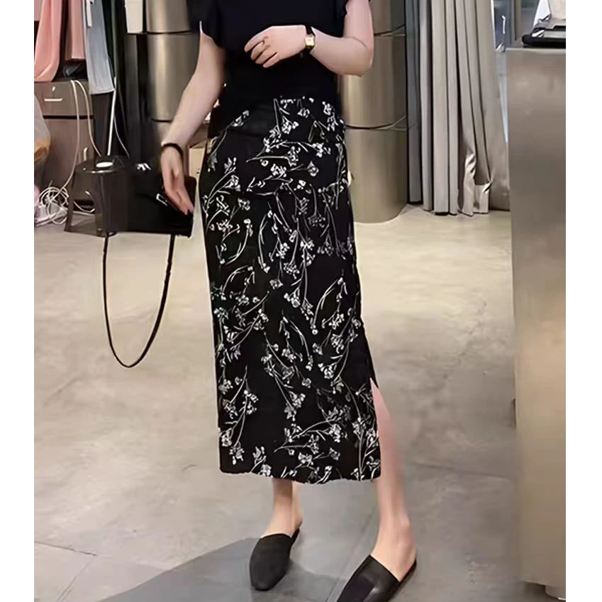 E1785黑色印花半身裙女夏季新款气质时尚高腰百搭侧开叉长款半裙