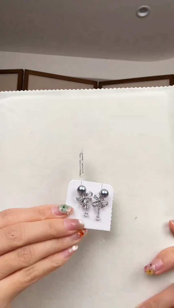 银S925镶嵌耳饰海水珍珠海水真多麻蝴蝶结耳坠