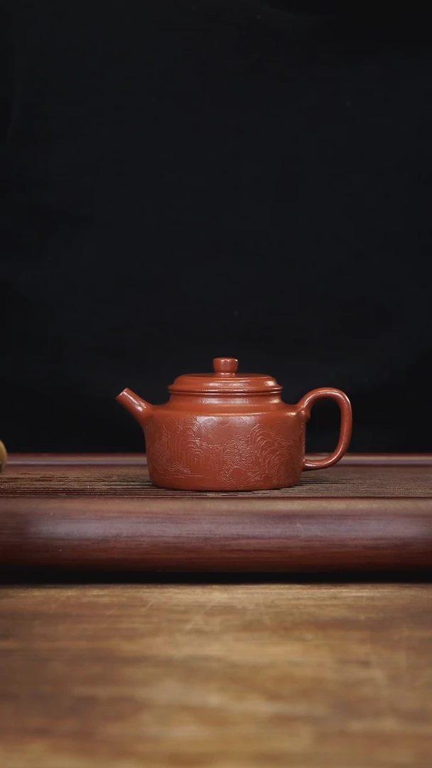 茶壶紫砂170ml 刻绘德钟 朱泥