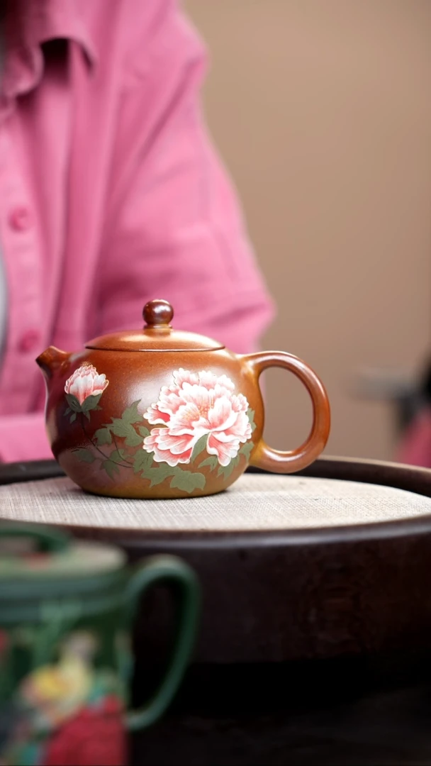 茶壶紫砂柴烧西施泥绘牡丹