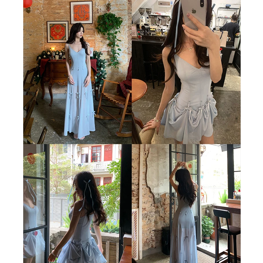 多重甜妮收腰显瘦中长吊带连衣裙修身重工蝴蝶女结短裙