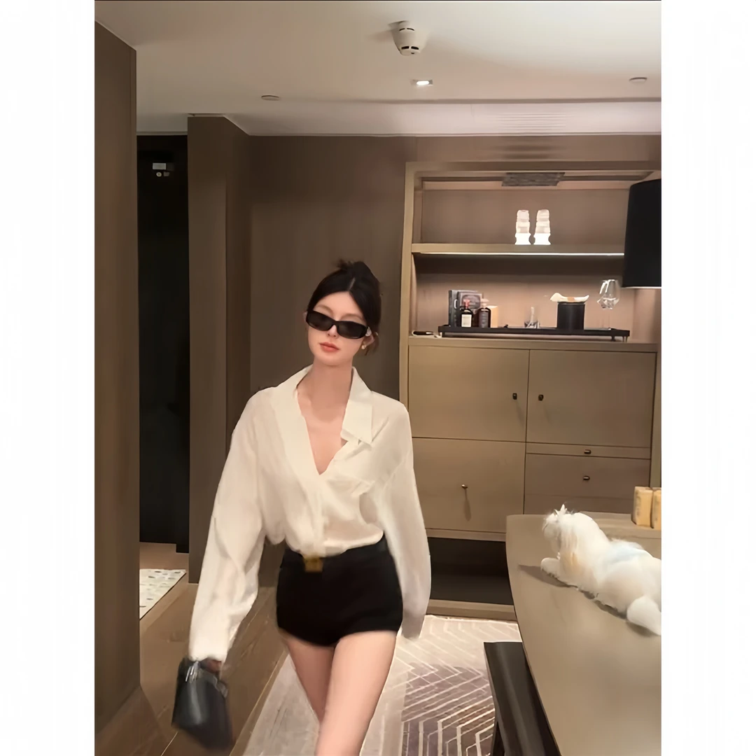 御姐防晒宽松显瘦气质长袖衬衫女 2024夏季新款时尚高腰包臀短裤