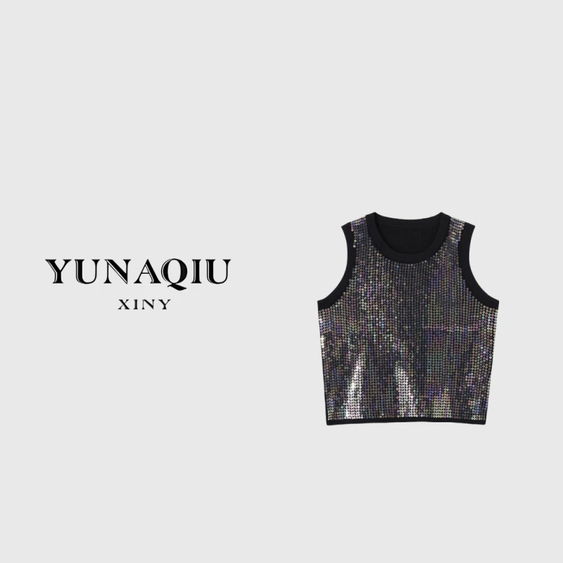 YUNAQIU-3028重工珠片绣轻奢时尚无袖百搭休闲宽松圆领女背心打底