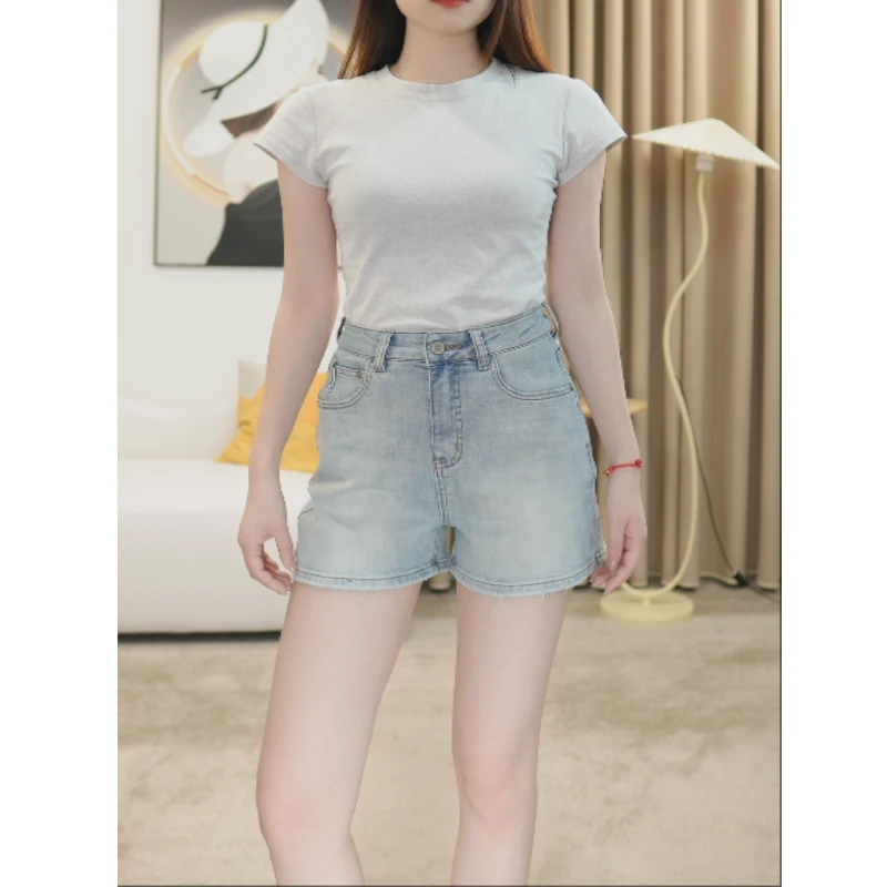 「浅蓝」四面弹纯净版高腰三分牛仔短裤女百搭显瘦牛仔裤-2