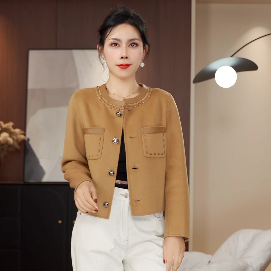 【%山羊绒大衣】82071-2025新款秋冬双面羊毛大衣外套小个子短款