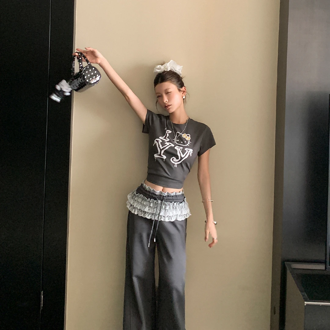 美式字母KT猫印花灰色T恤女2025夏复古街头辣妹短款上衣裤子套装