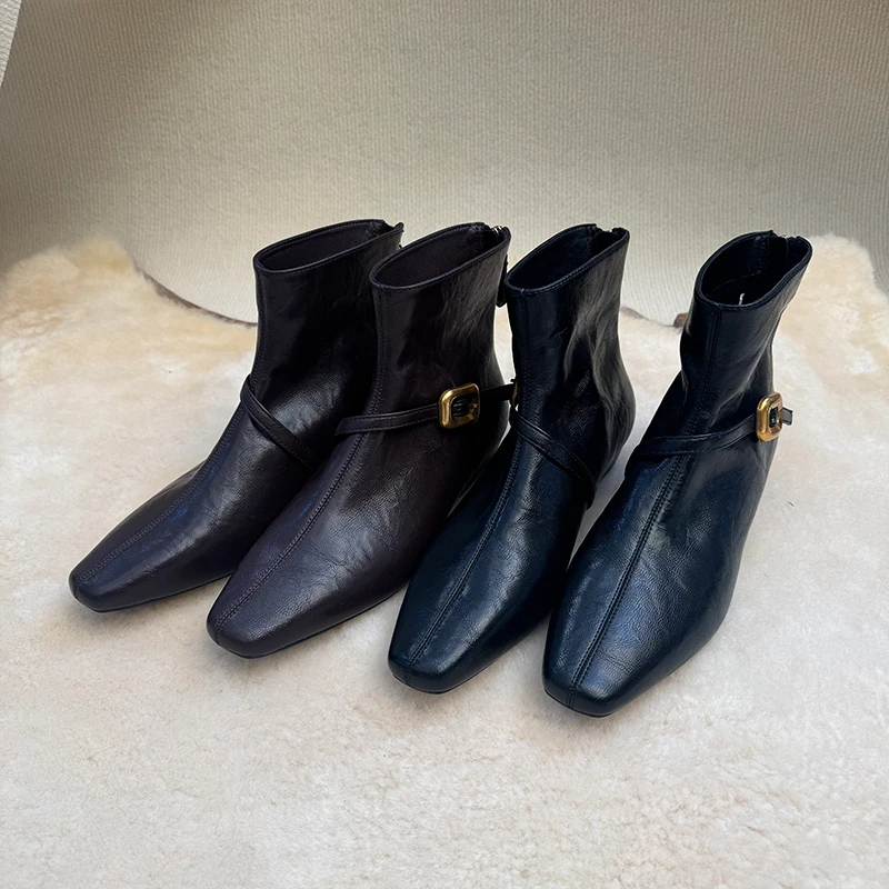 法式气质方头显瘦及裸靴女加绒低跟后拉链短靴SJ24M7567