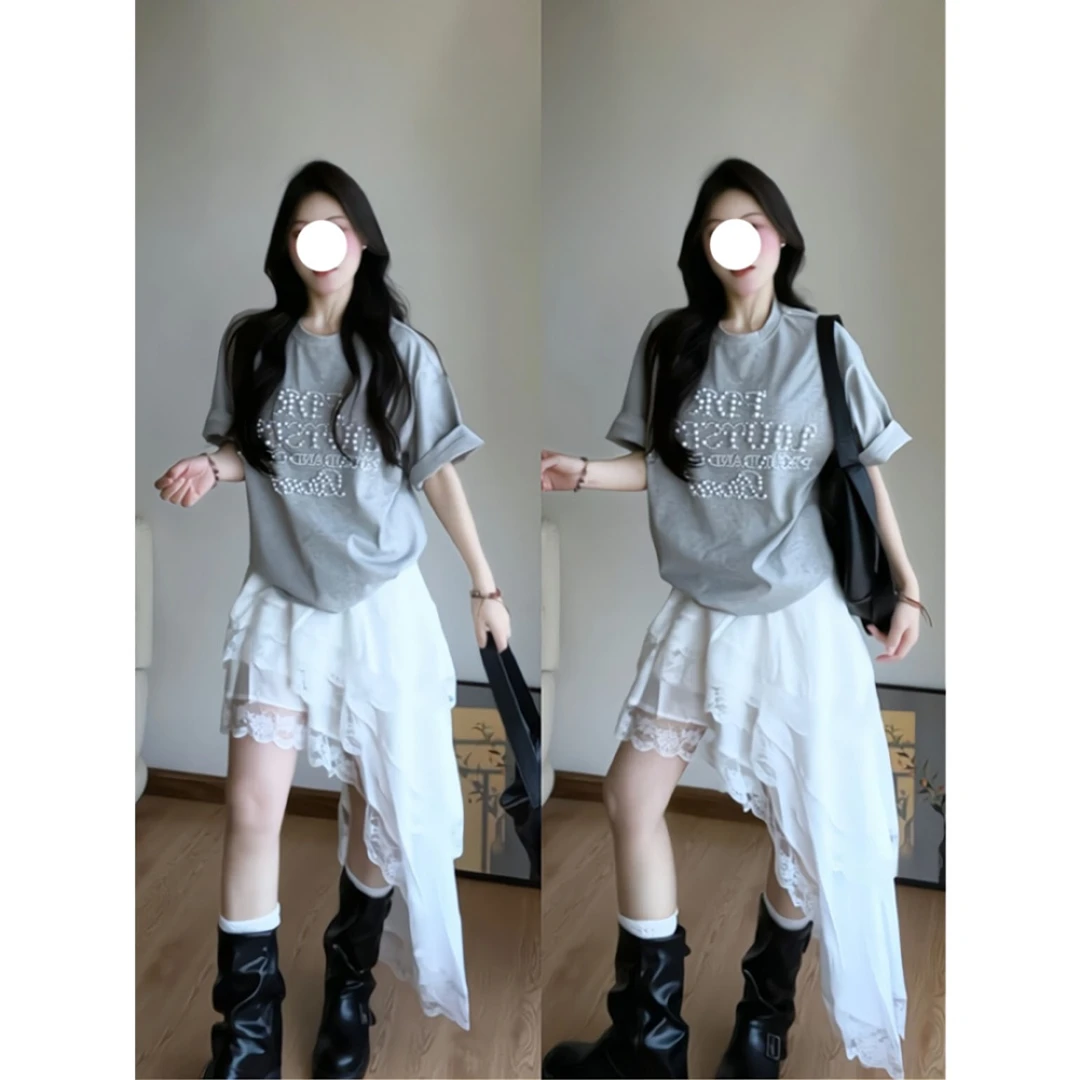 甜酷风复古钉珠短袖t恤蕾丝边多层甜美小众不规则半身裙套装女夏