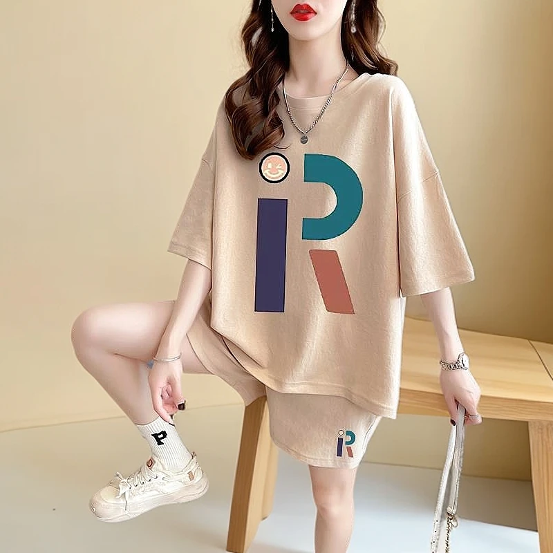 啊卡其色含棉短袖短裤套装女设计感大码夏天宽松显瘦休闲运动两件