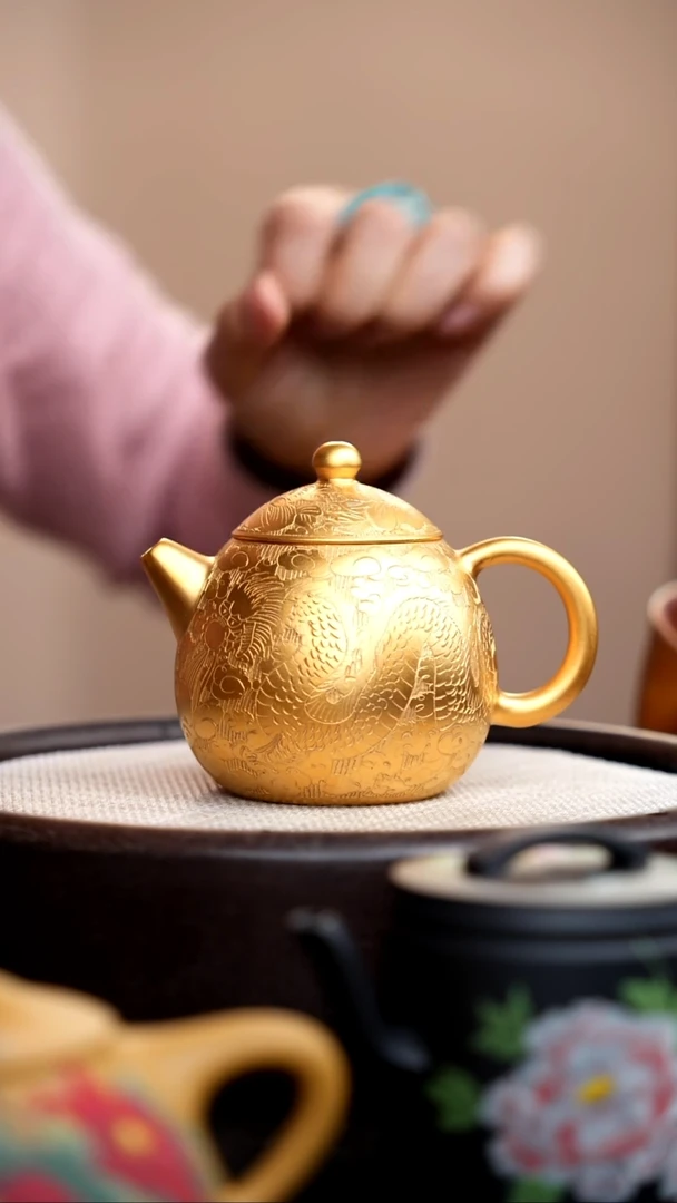 茶壶紫砂金色朱泥龙凤龙蛋+杯