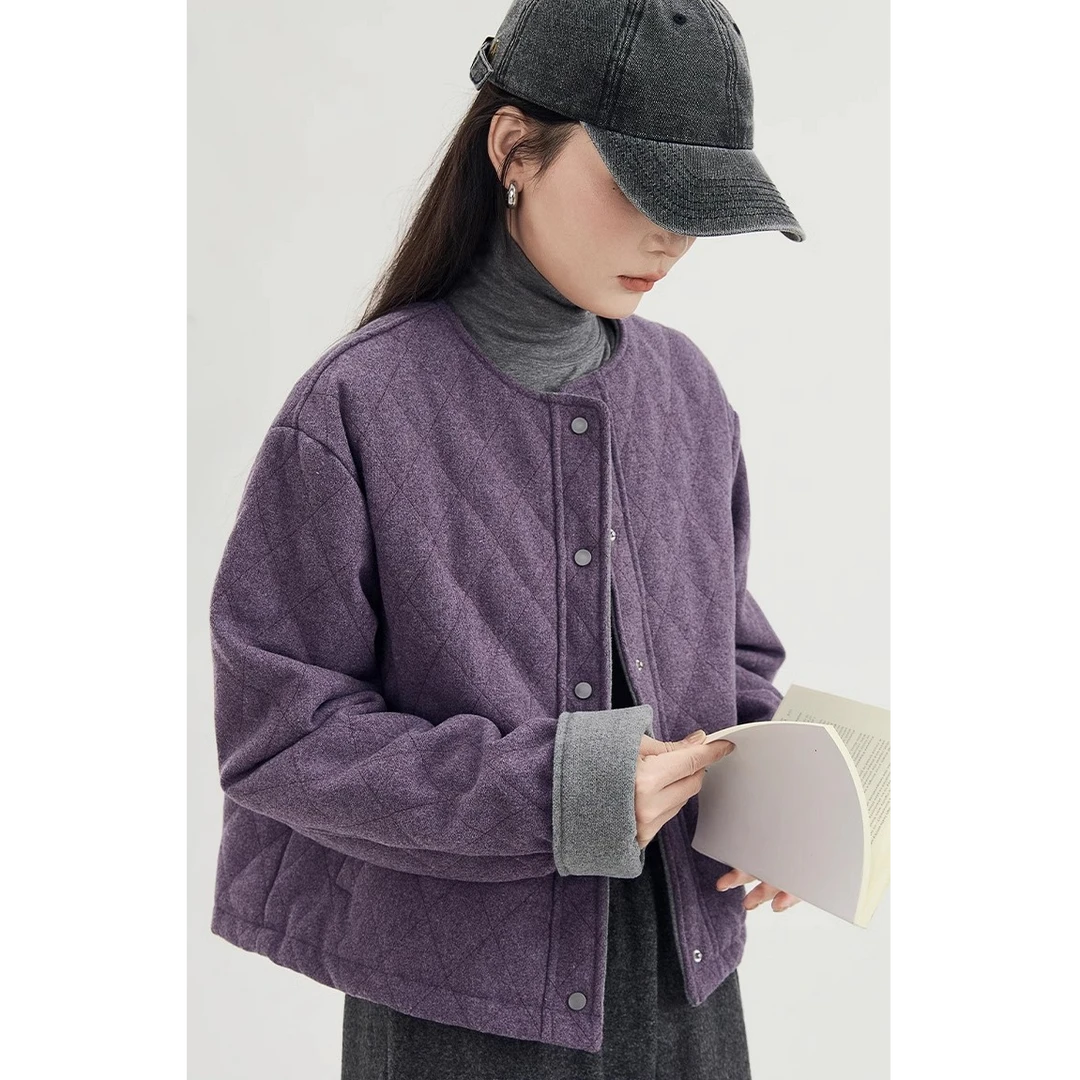 GUIER/桂儿紫色菱格圆领棉服女秋宽松显瘦百搭保暖毛呢外套XH5275