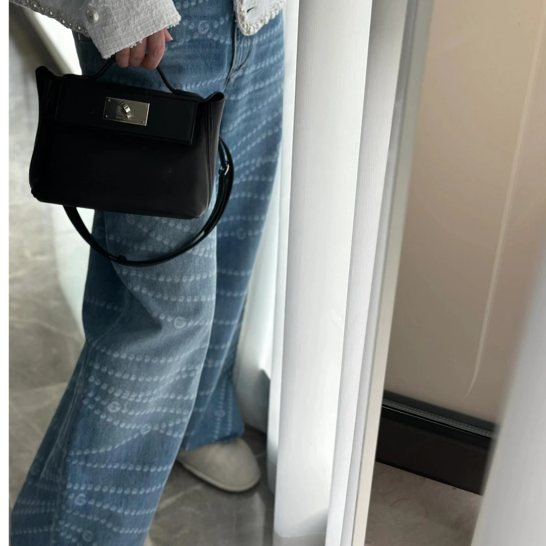 2025早春口袋波点激光烧花直筒显瘦高腰宽松阔腿裤牛仔裤女