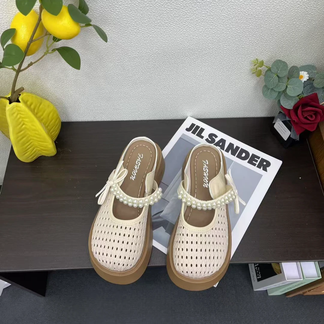 编织镂空厚底勃肯包头半拖鞋女外穿增高夏季2025新款配裙子凉拖鞋