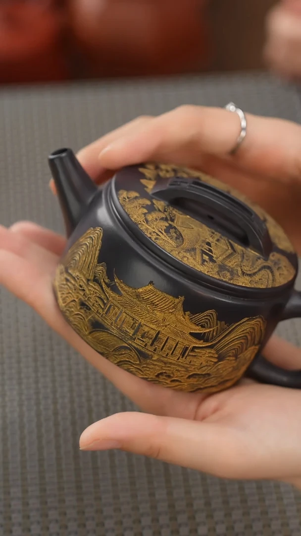 茶壶紫砂石黄刻绘描金汉瓦180cc