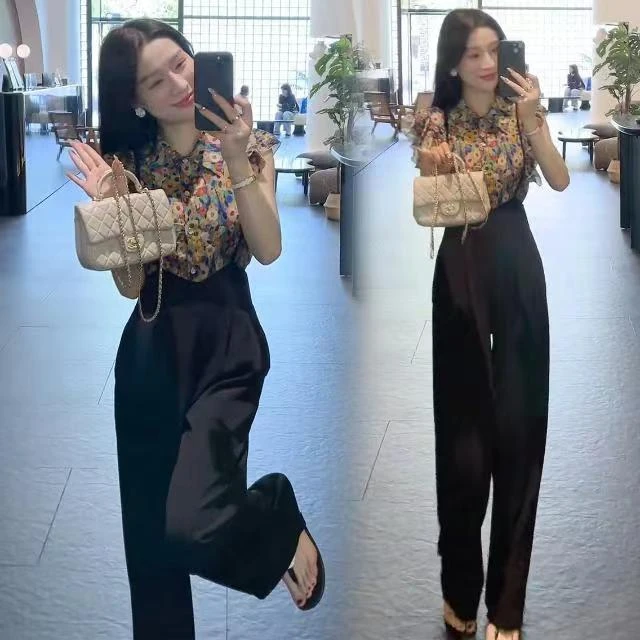 251#新款港风复古小飞袖碎花衬衫洋气上衣+窄版西装裤阔腿裤套装