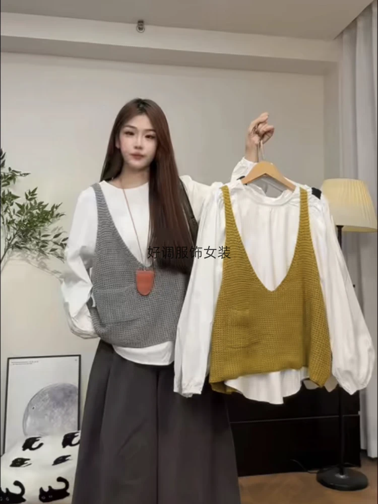 欧货秋季新款女装长袖衬衫圆领薄款真两件宽松慵懒风纯色小众上衣