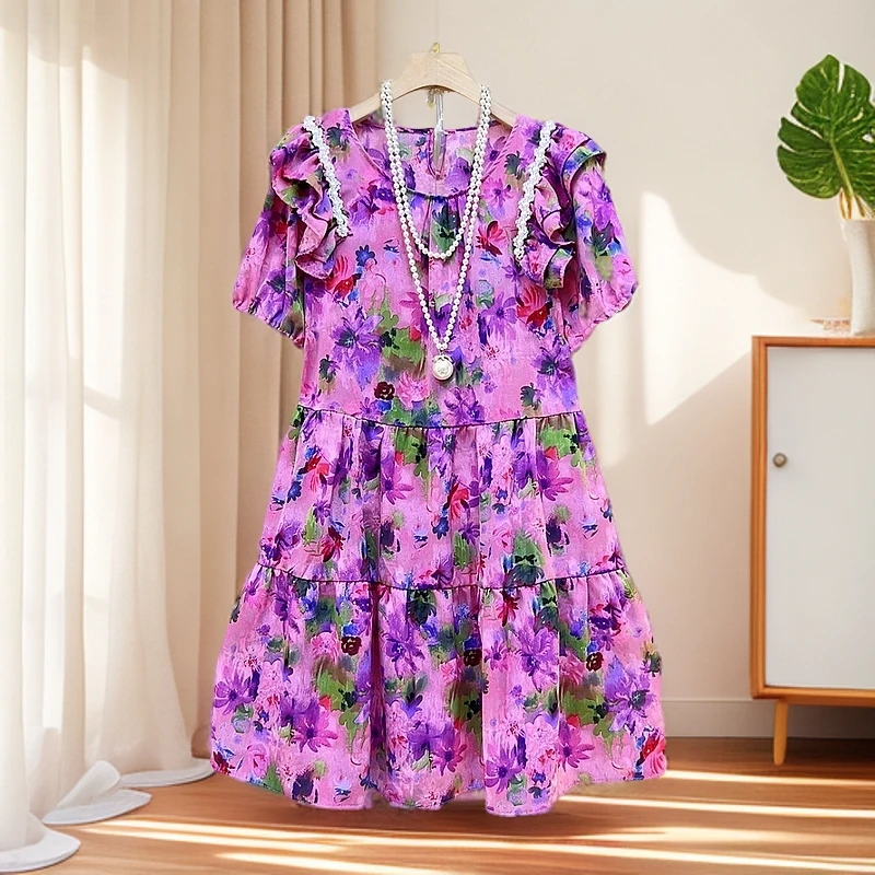 时尚圆领连衣裙2025夏季新款法式小个子温柔风气质宽松时尚连衣裙