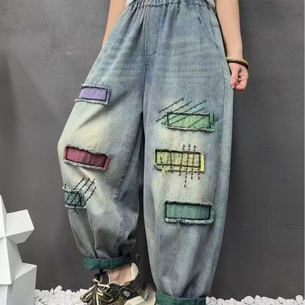 欧货抄色做旧贴布春款老三条杠牛仔老爹裤