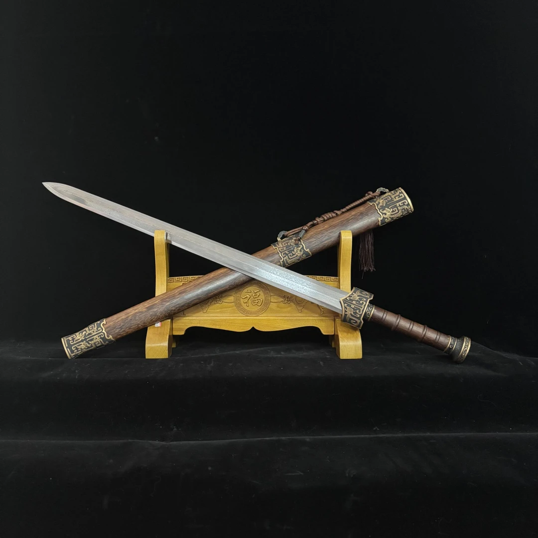新疆专场【赵云剑】百炼花纹钢 鸡翅木 纯铜装具 未开刃摆件