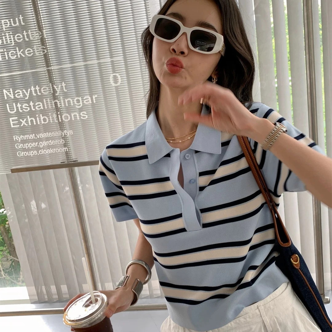 校园风翻领莱赛尔天丝撞色条纹短袖T恤女polo领针织半袖外搭上衣