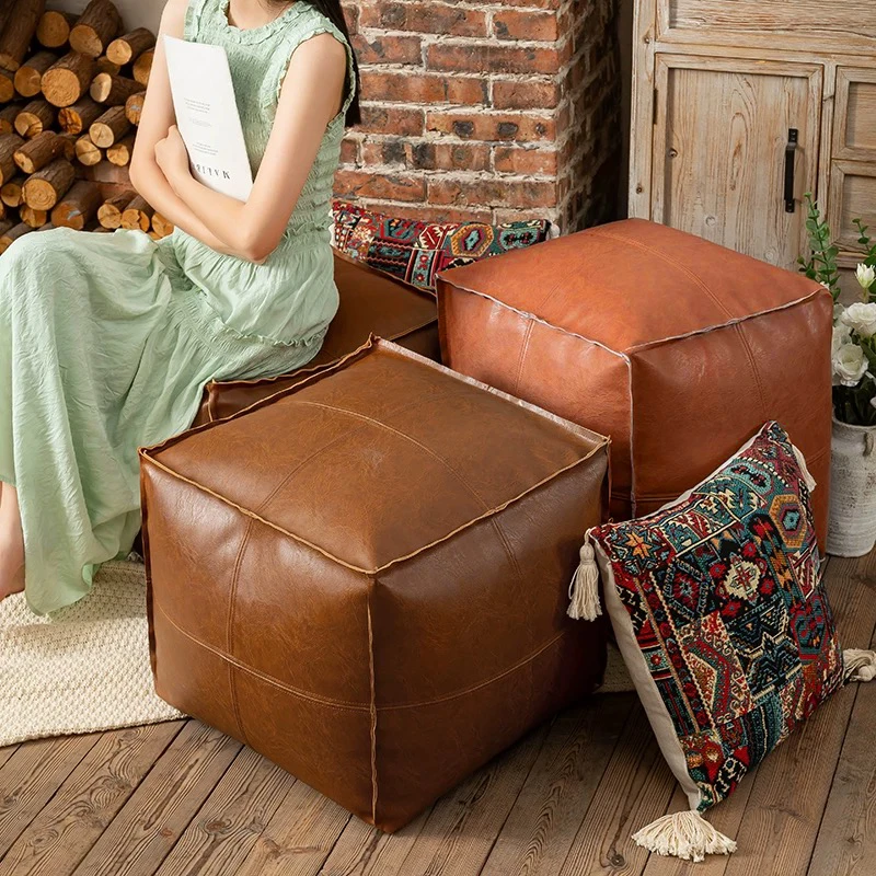 轻奢皮墩子旧衣服填充收纳凳储物坐墩沙发矮凳搁脚客厅皮革坐垫套