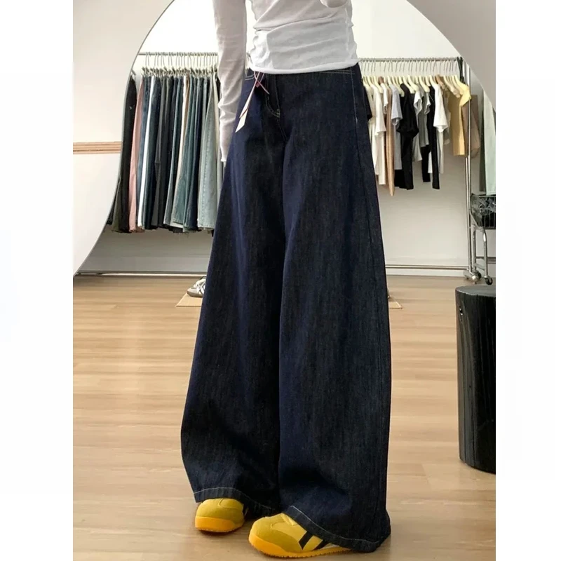 【清仓+运费险】美式丹宁色深蓝牛仔裤女高腰宽松阔腿拖地长裤
