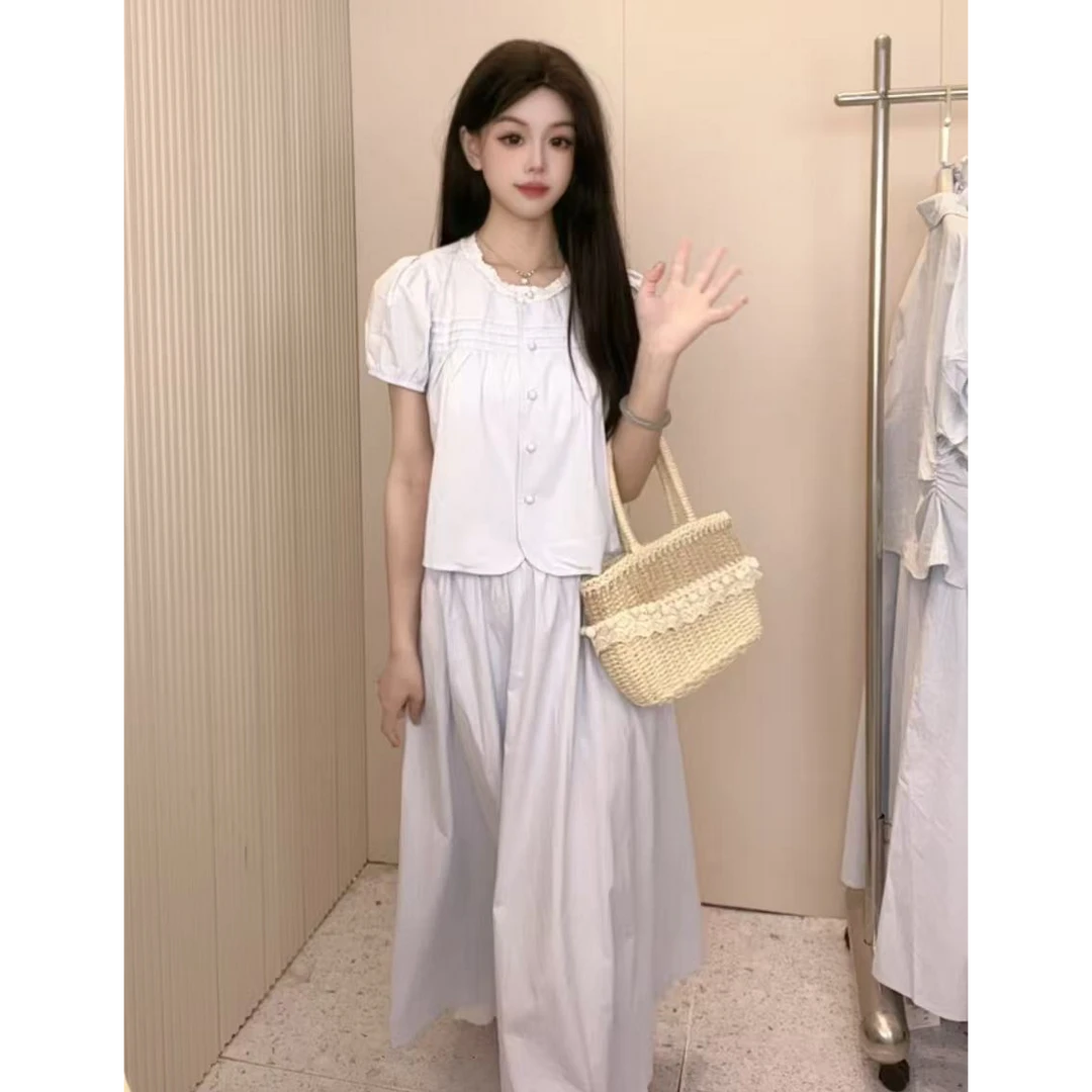 【25047】夏季新款甜美清新圆领木耳边小衫+半身裙两件套套装