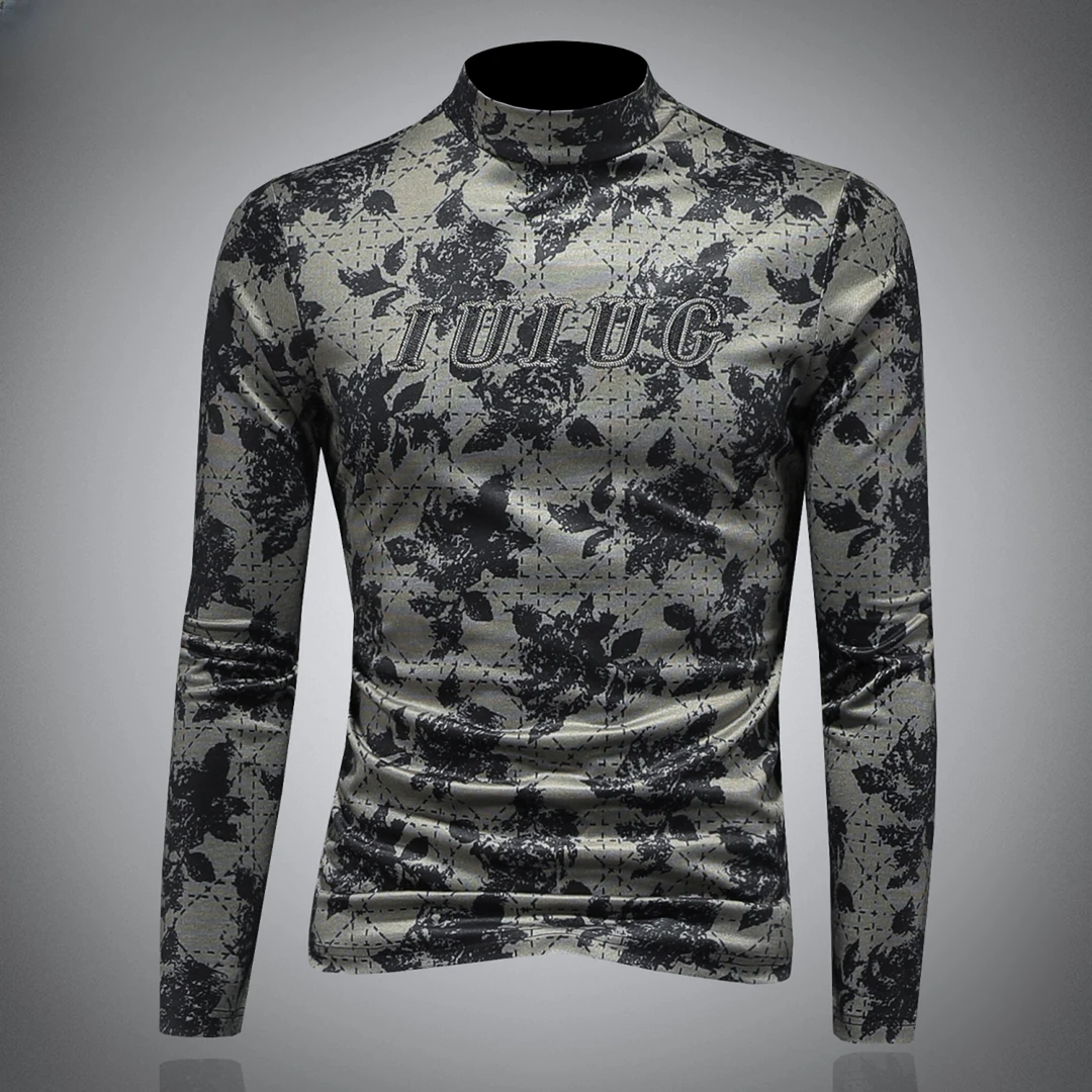 PAVENATNO/巴韦那奇半高领打底衫男潮印花刺绣秋冬内搭修身长袖T