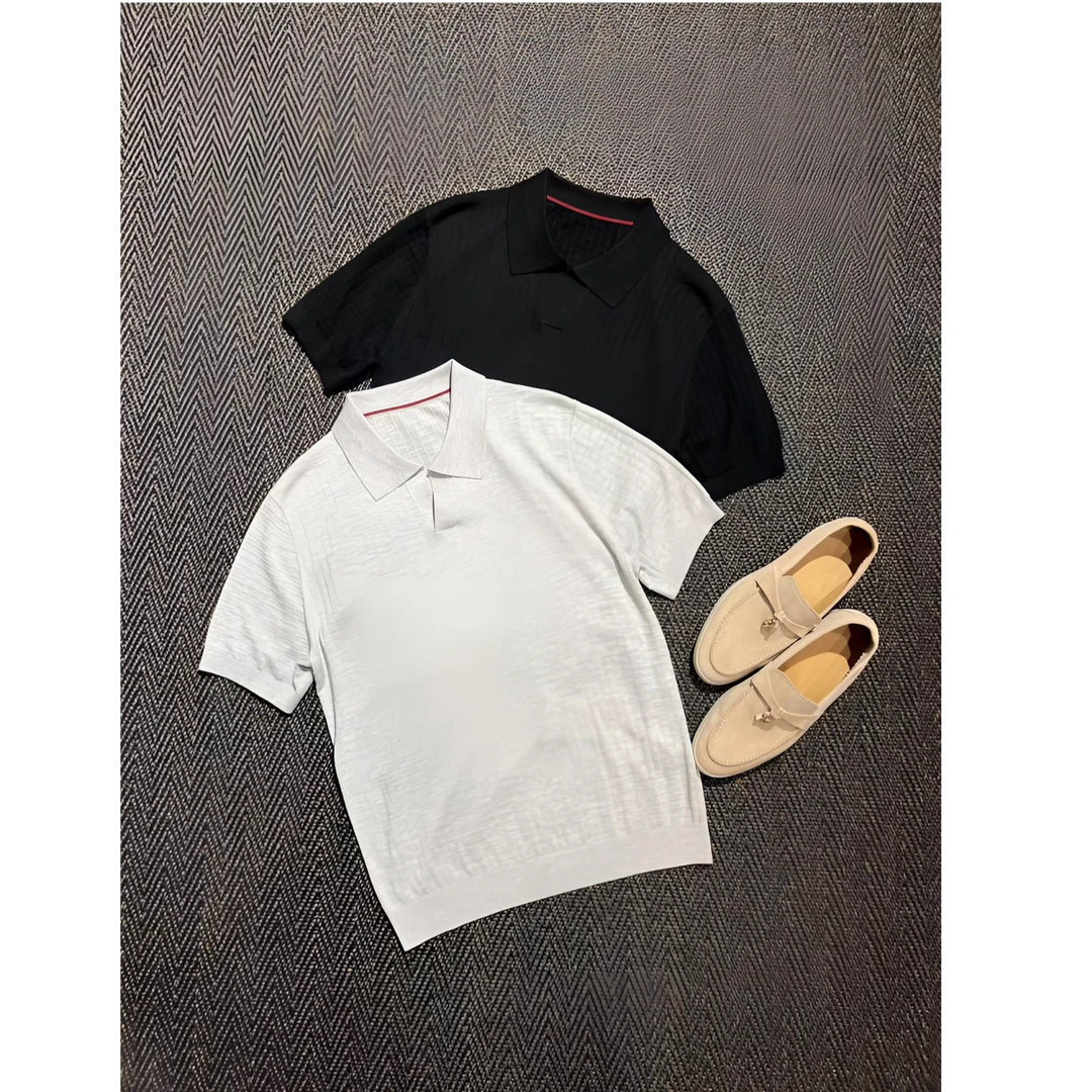 【贵气松弛】夏  L*P天*丝羊毛混纺亲肤冰感海鸥领针织短袖POLO衫男