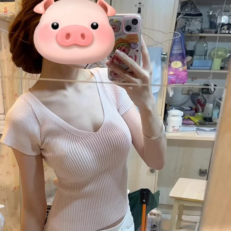 v领针织衫短袖t恤女夏季2025新款修身显瘦高级感别致百搭上衣