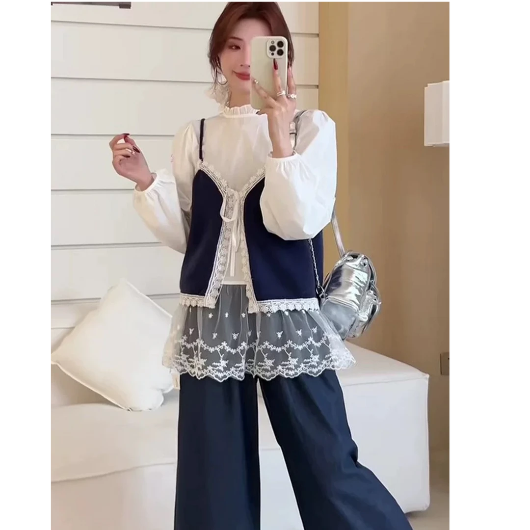 韩版宽松蕾丝拼接吊带马夹2025春季新款时尚百搭衬衫两件套女