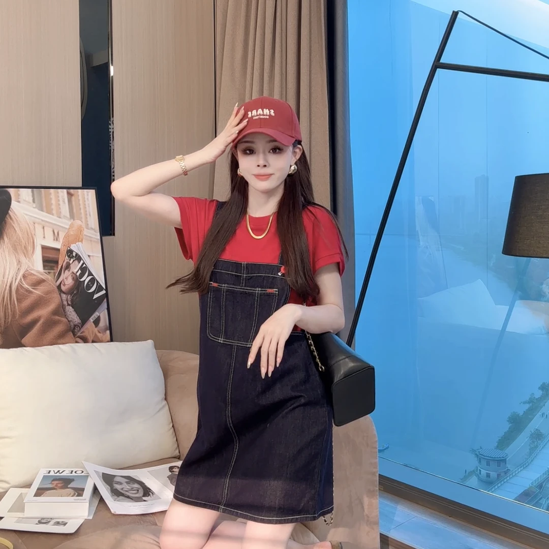 【晓溪服饰】春夏新款时尚百搭叠穿设计感减龄T恤牛仔背带裙女6175